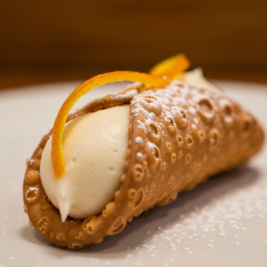 Beautiful arrangement of fresh cannolis on a vintage Italian ceramic plate